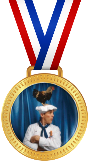 Goldmedaille: Maître Didian Poulet mit Jaquiline auf dem Kopf